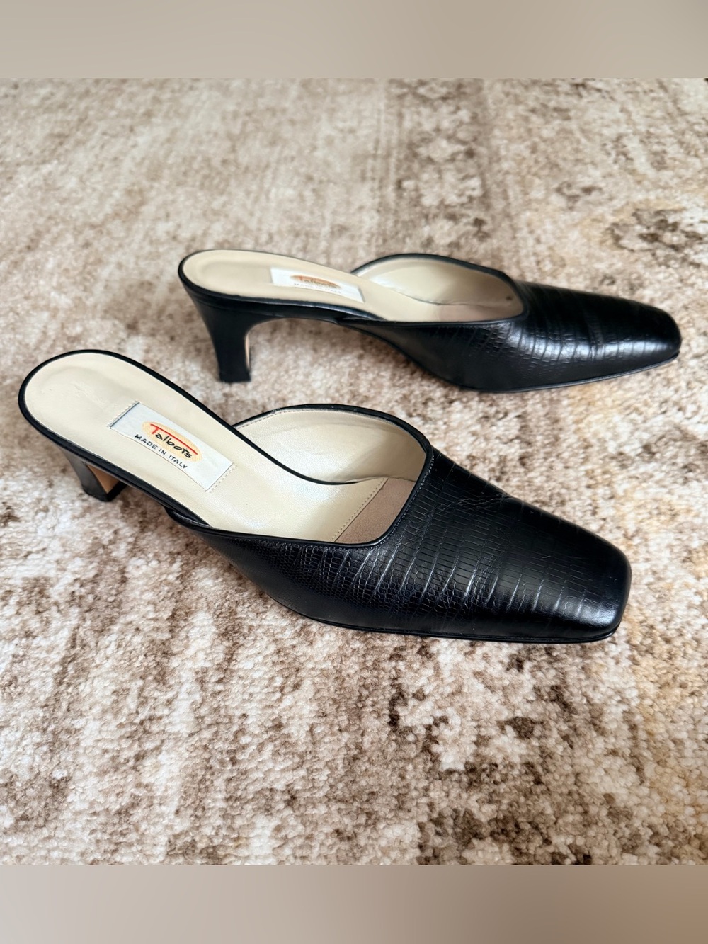 Talbots Made in Italy Black Croc Embossed Leather Mule Heels 7.5 M